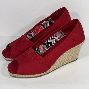 Skechers Shoes Womens 8.5 Espadrille‎ Wedge Peep Toe Heels 38232 Red Canvas